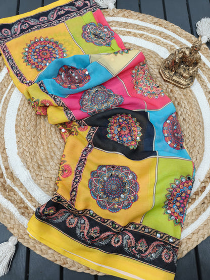 Yellow Mirror Collection – Heavy Marsh Mellow Georgette Saree
