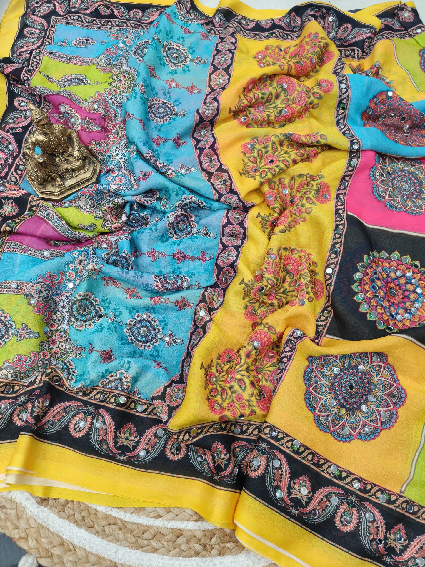Yellow Mirror Collection – Heavy Marsh Mellow Georgette Saree