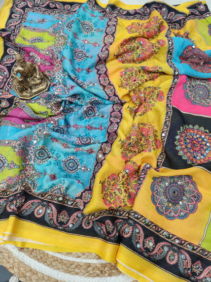 Yellow Mirror Collection – Heavy Marsh Mellow Georgette Saree