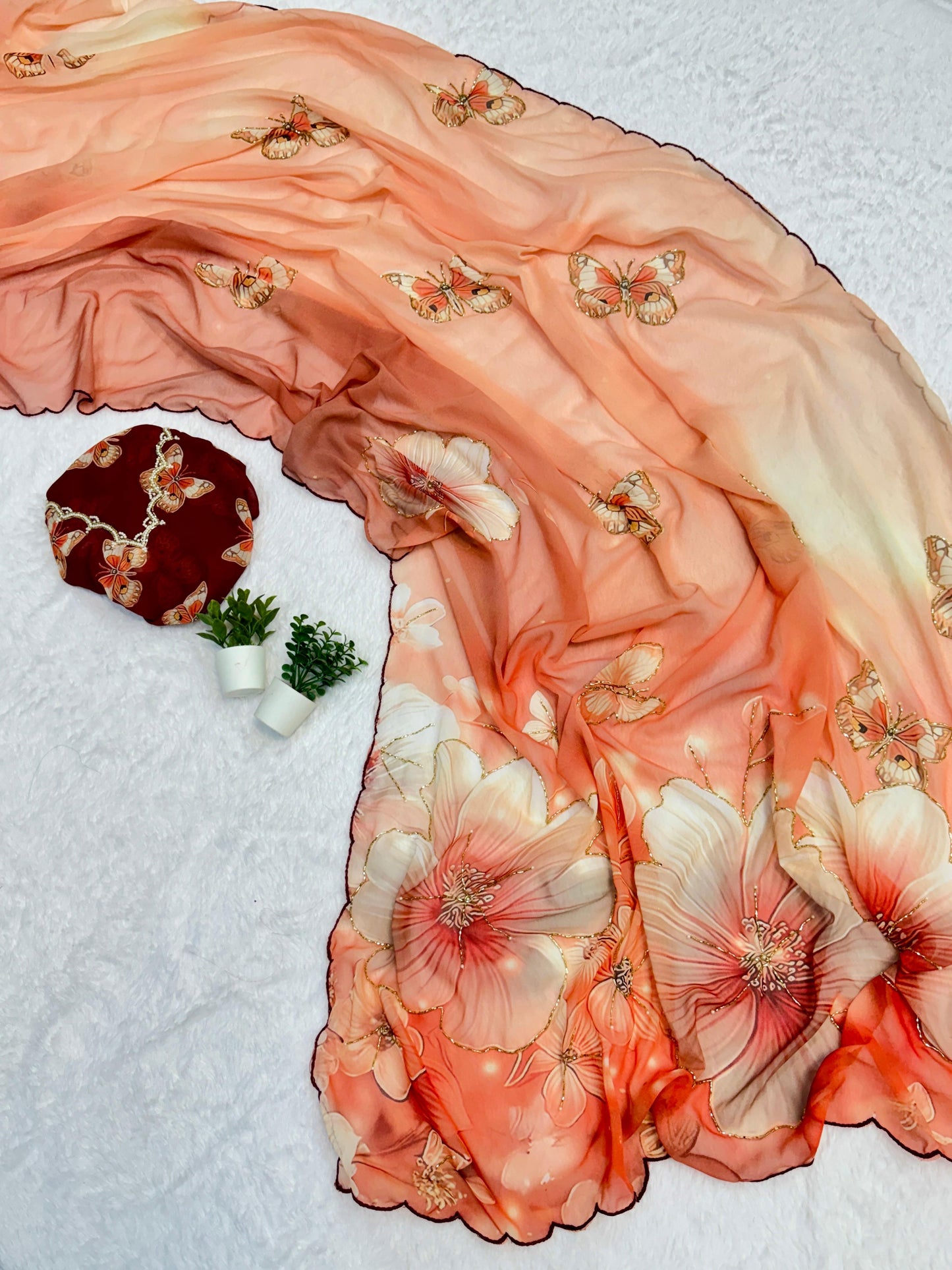 Floral Digital Print Chiffon Saree, Exquisite Handwork Detailing with Elegant Arco Lace Border