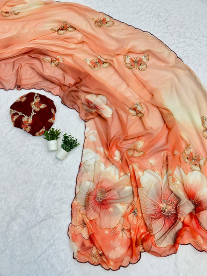 Floral Digital Print Chiffon Saree, Exquisite Handwork Detailing with Elegant Arco Lace Border