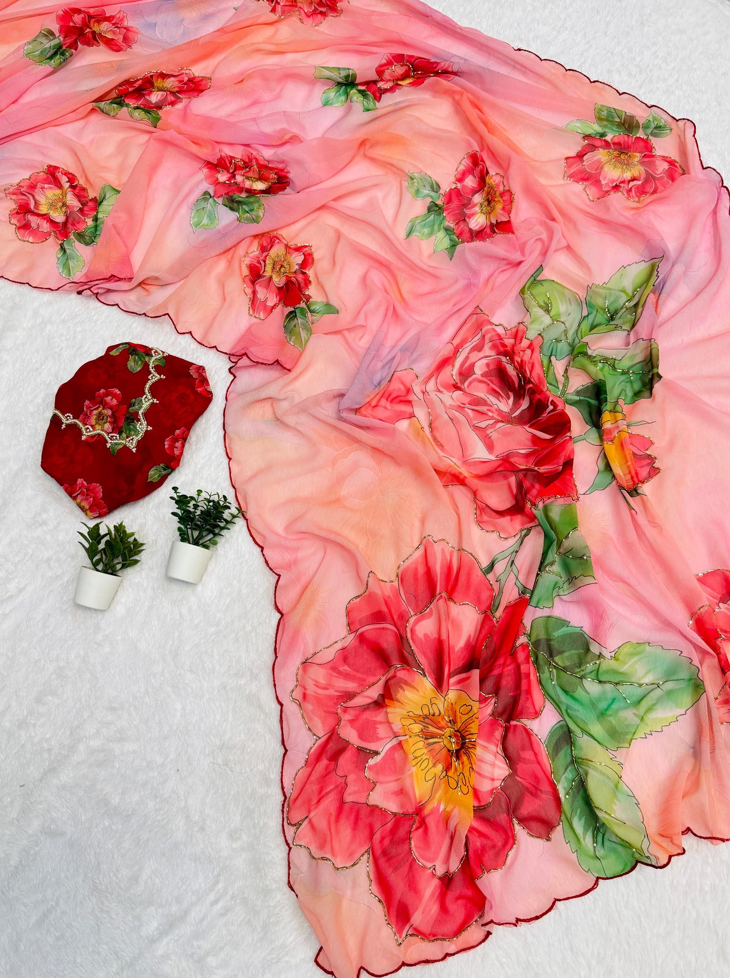 Floral Digital Print Chiffon Saree, Exquisite Handwork Detailing with Elegant Arco Lace Border