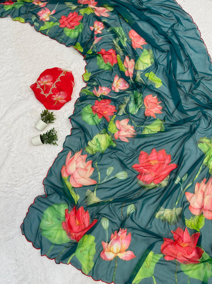 Floral Digital Print Chiffon Saree, Exquisite Handwork Detailing with Elegant Arco Lace Border