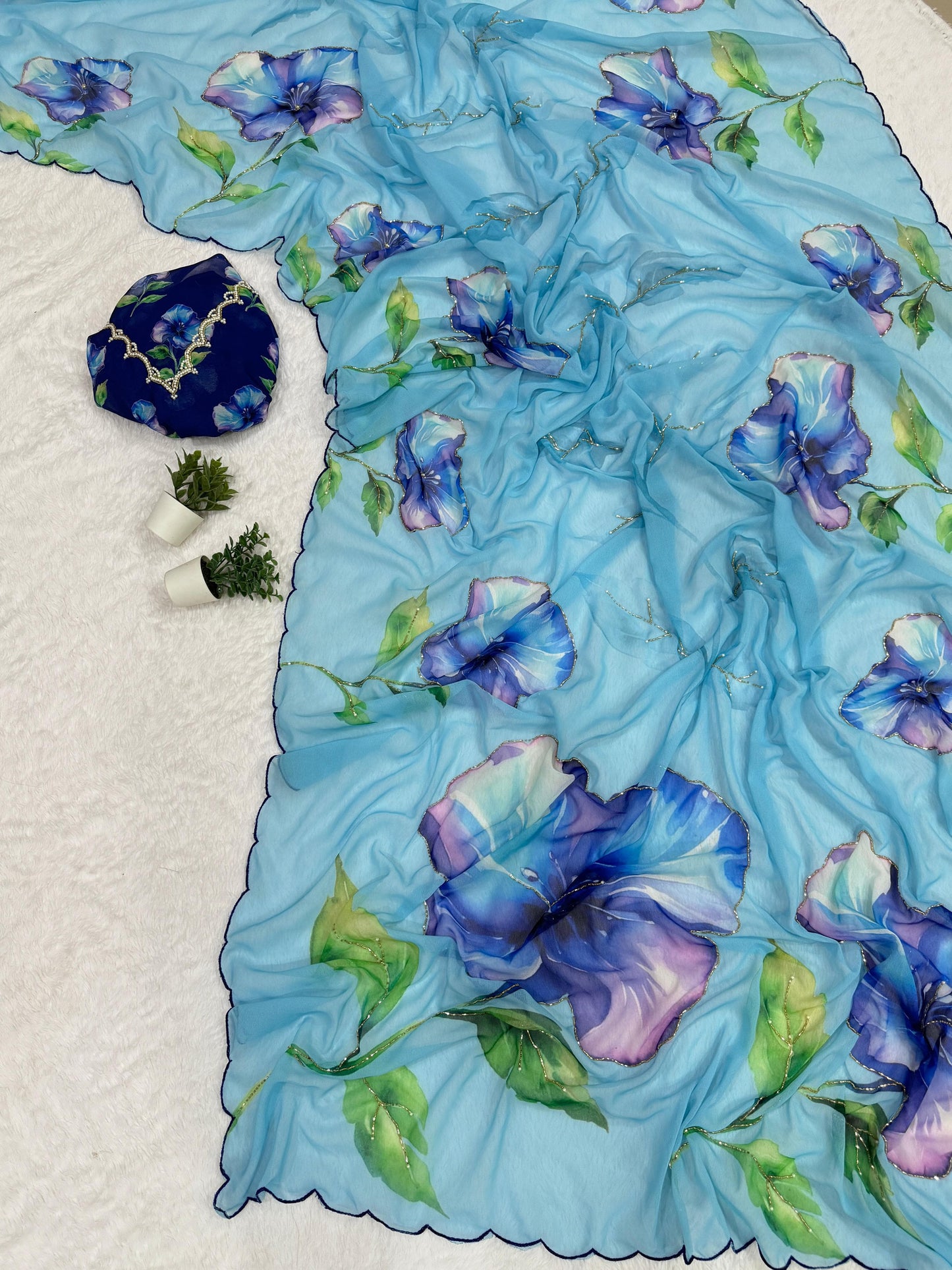 Floral Digital Print Chiffon Saree, Exquisite Handwork Detailing with Elegant Arco Lace Border