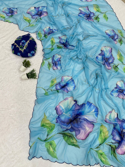 Floral Digital Print Chiffon Saree, Exquisite Handwork Detailing with Elegant Arco Lace Border