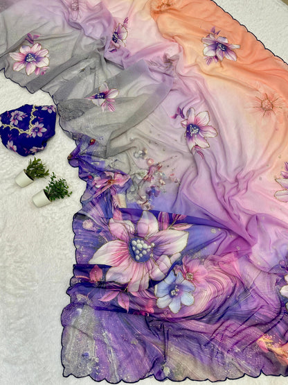 Floral Digital Print Chiffon Saree, Exquisite Handwork Detailing with Elegant Arco Lace Border