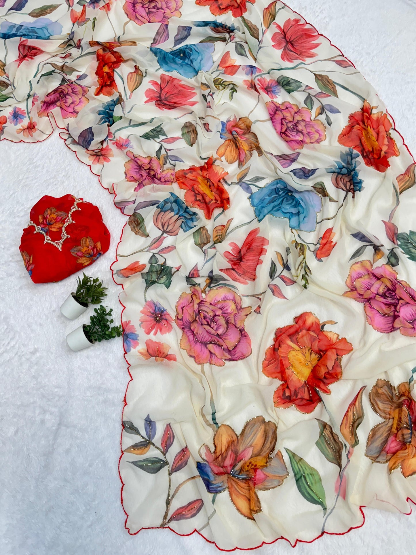 Floral Digital Print Chiffon Saree, Exquisite Handwork Detailing with Elegant Arco Lace Border