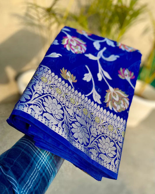 Banarasi Semi Georgette Tilfi Meena Soft Silk Saree, Meenakari Zari Weaving,  Premium Brocade Blouse