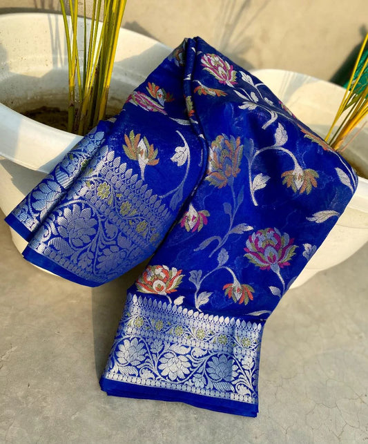 Banarasi Semi Georgette Tilfi Meena Soft Silk Saree, Meenakari Zari Weaving,  Premium Brocade Blouse