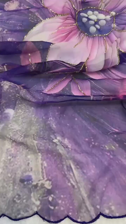 Floral Digital Print Chiffon Saree, Exquisite Handwork Detailing with Elegant Arco Lace Border