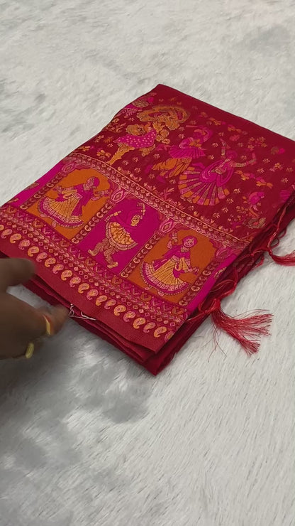 New Pashmina Weaving Rajwadi Saree, Intricate Kashmiri Thread Woven Pallu with Fancy Tassels