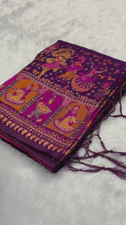 New Pashmina Weaving Rajwadi Saree, Intricate Kashmiri Thread Woven Pallu with Fancy Tassels