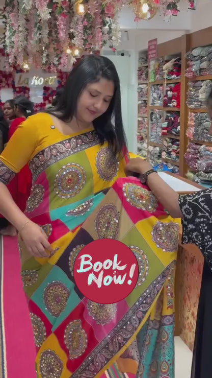 Yellow Mirror Collection – Heavy Marsh Mellow Georgette Saree