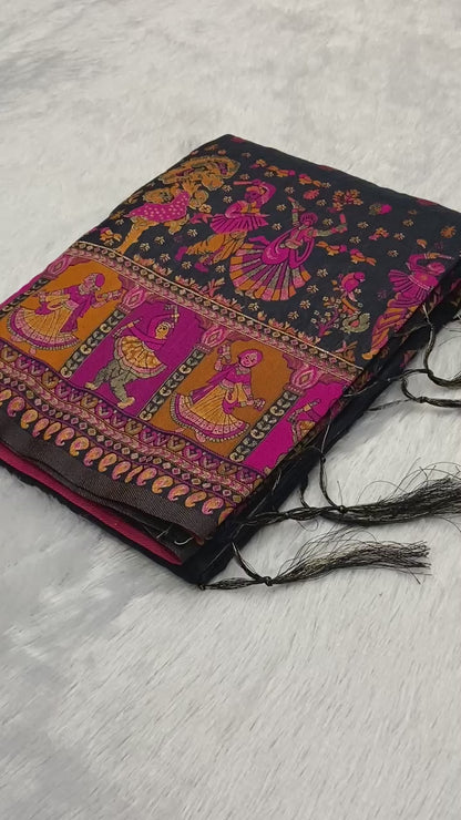 New Pashmina Weaving Rajwadi Saree, Intricate Kashmiri Thread Woven Pallu with Fancy Tassels