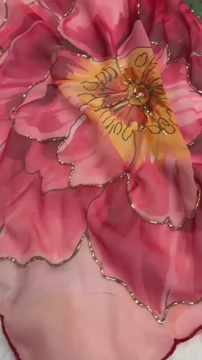 Floral Digital Print Chiffon Saree, Exquisite Handwork Detailing with Elegant Arco Lace Border