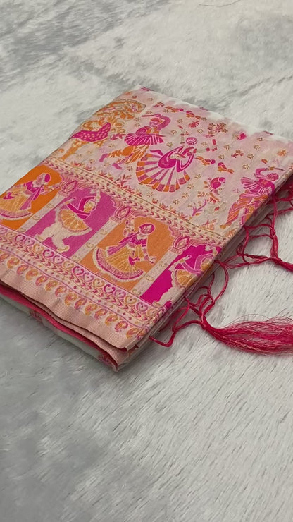 New Pashmina Weaving Rajwadi Saree, Intricate Kashmiri Thread Woven Pallu with Fancy Tassels
