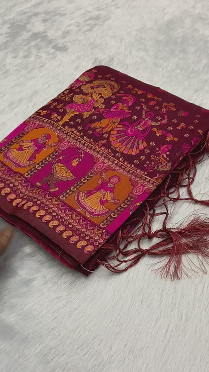 New Pashmina Weaving Rajwadi Saree, Intricate Kashmiri Thread Woven Pallu with Fancy Tassels